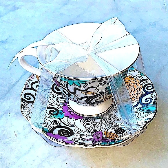 GRACES TEAWARE FOOTED CUP SAUCER SET NEW PASTEL BLACK FLORAL - Picture 3 of 9